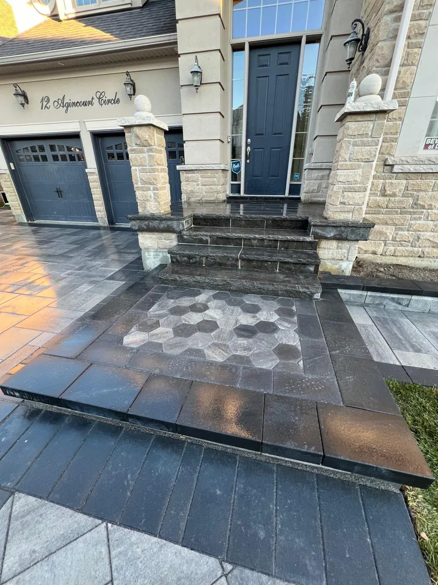 Front entry steps with a hexagon paver medallion