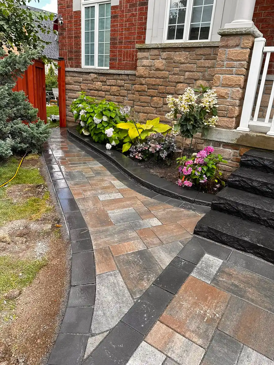 Curving stone walkway beside a hydrangea garden bed
