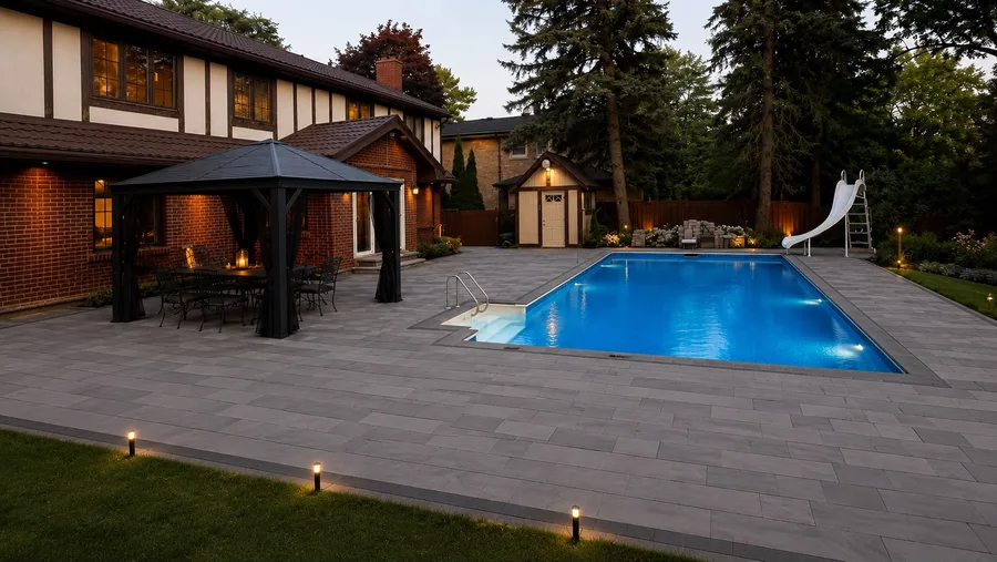 Backyard pool, gazebo and paver patio with landscape lighting at dusk