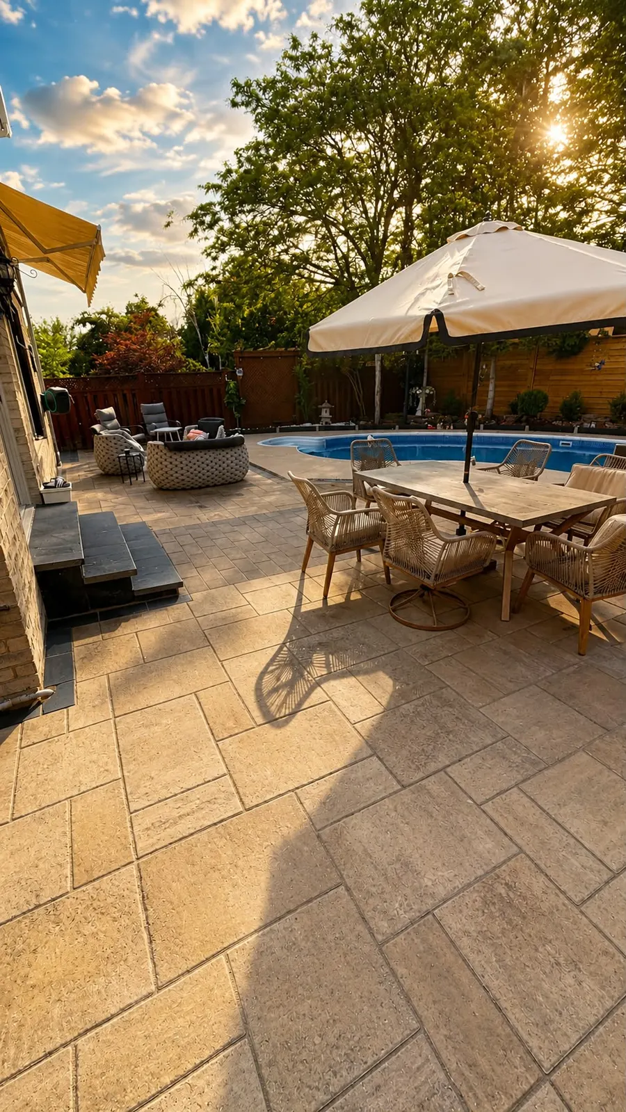 Poolside dining patio on interlocking pavers under a patio umbrella