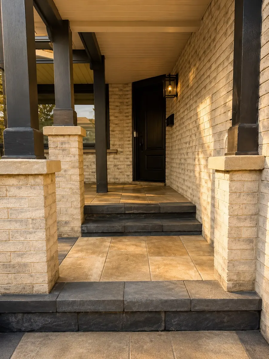 Front entrance transformation from cracked concrete steps to stone steps with brick pillars