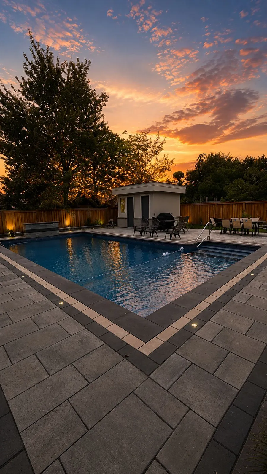 Pool patio with a cabana-style pool house and paver dining area under a sunset sky