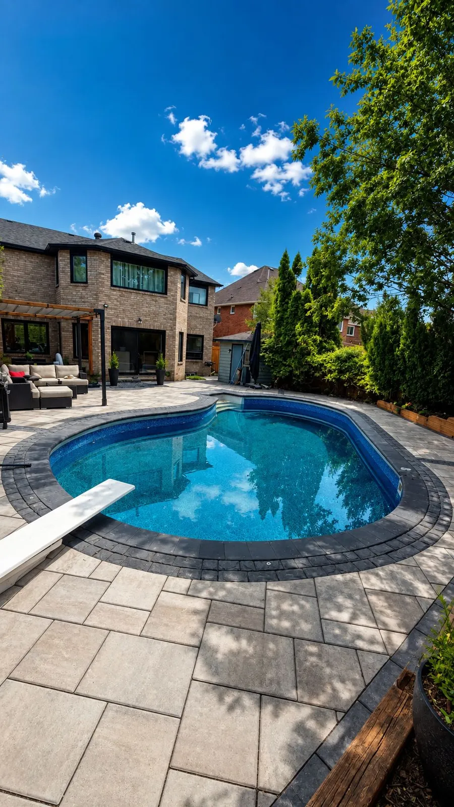 Curved inground pool with a diving board framed by a light paver patio