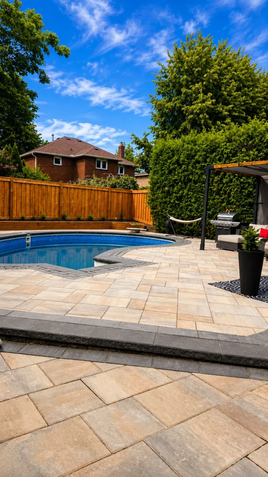 Kidney-shaped pool with a beige paver patio, pergola lounge and cedar privacy fence