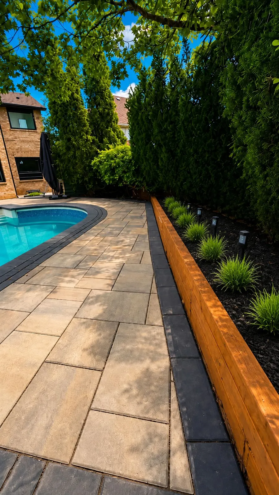 Paver pool path with a charcoal border, cedar retaining wall and garden lighting