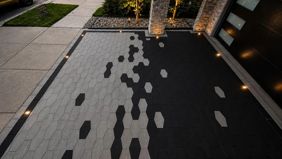 Aerial view of a custom hexagon paver driveway in black and grey with in-ground lights