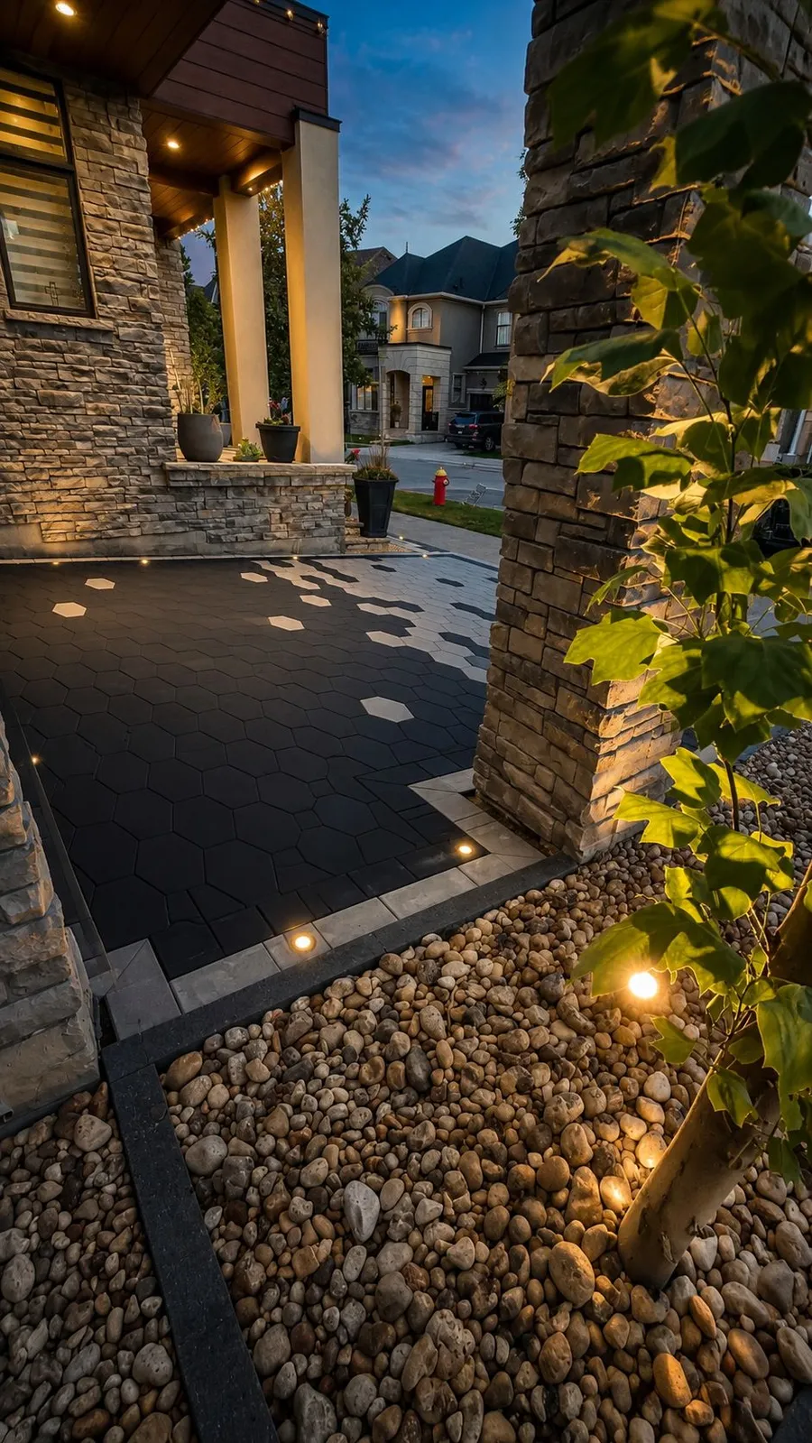Black hexagon paver courtyard with stone pillars and landscape lighting at dusk