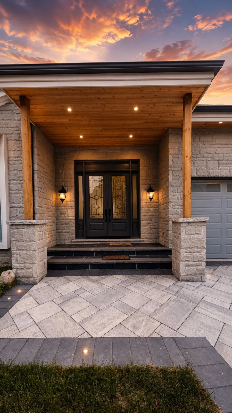 Covered front entry with a wood ceiling, stone pillars and paver walkway at sunset