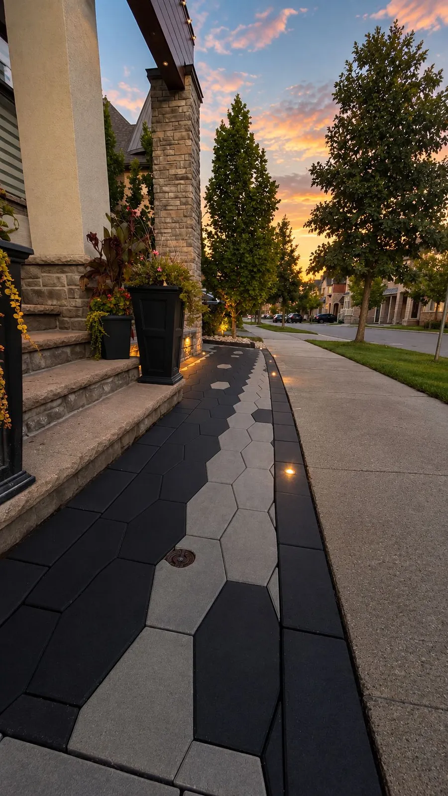 Curved hexagon paver walkway with in-ground lights leading to front steps at sunset